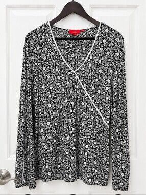 Oscar By Oscar De La Renta Black White Ditsy Floral Print Faux Wrap Top Sz XL